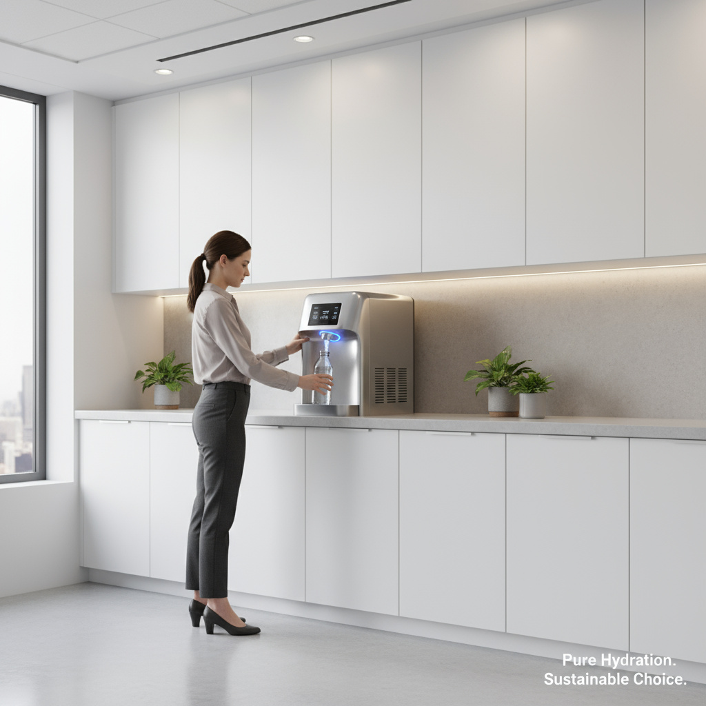 Moderne Büroküche mit Wasserspender und wiederbefüllbarer Flasche